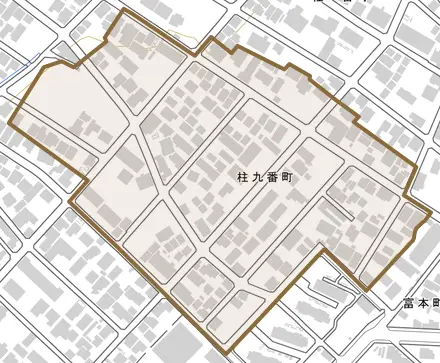 柱九番町とその周辺の地図。町の範囲を重ねている