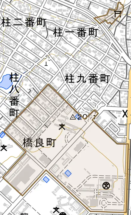 橋良町とその周辺の地図。町の範囲を重ねている