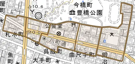 八町通とその周辺の地図。町の範囲を重ねている