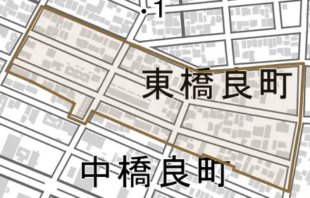 東橋良町とその周辺の地図。町の範囲を重ねている