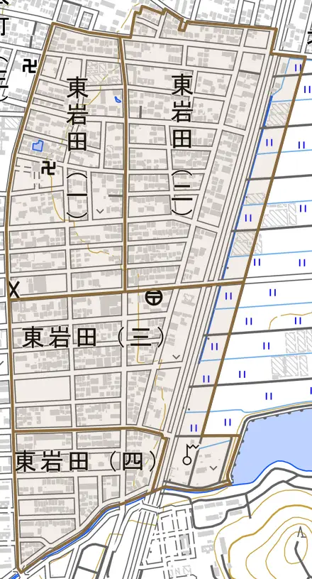 東岩田とその周辺の地図。町の範囲を重ねている