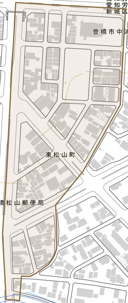東松山町とその周辺の地図。町の範囲を重ねている