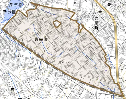 東幸町とその周辺の地図。町の範囲を重ねている