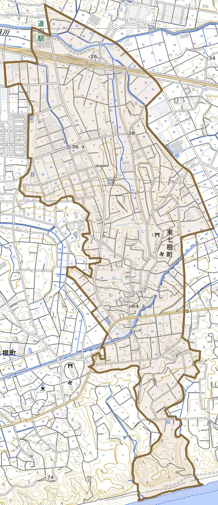 東七根町とその周辺の地図。町の範囲を重ねている