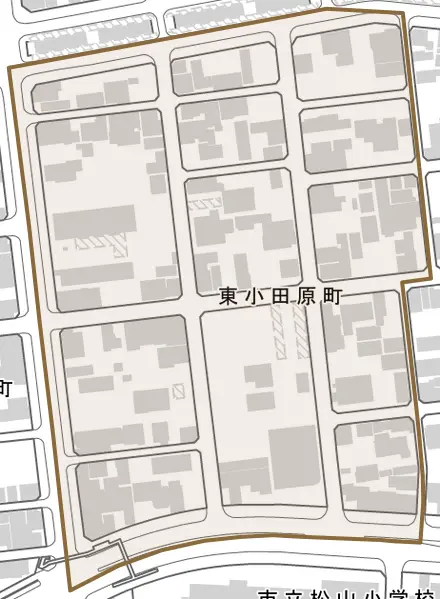 東小田原町とその周辺の地図。町の範囲を重ねている