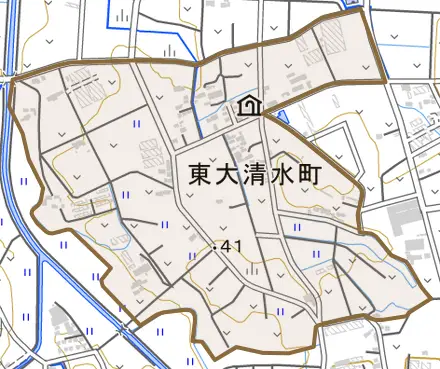 東大清水町とその周辺の地図。町の範囲を重ねている
