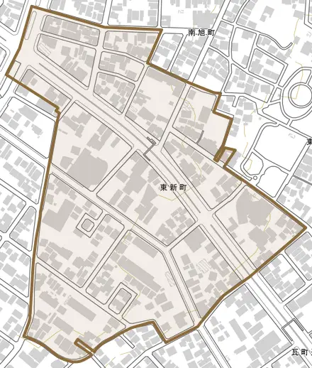 東新町とその周辺の地図。町の範囲を重ねている