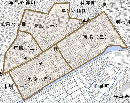 東脇とその周辺の地図。町の範囲を重ねている