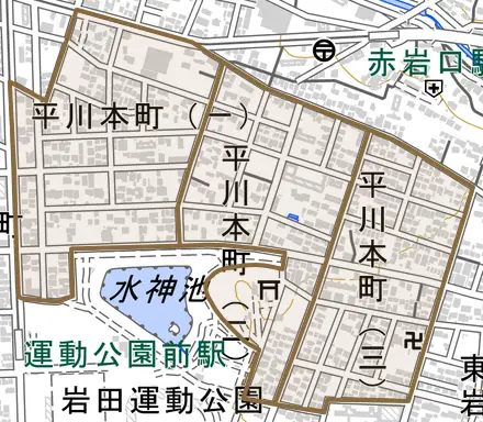 平川本町とその周辺の地図。町の範囲を重ねている