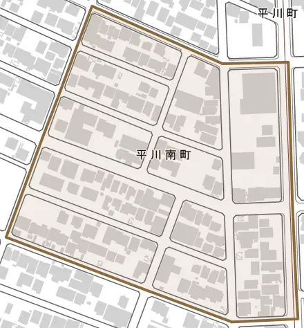 平川南町とその周辺の地図。町の範囲を重ねている