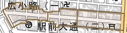 広小路とその周辺の地図。町の範囲を重ねている