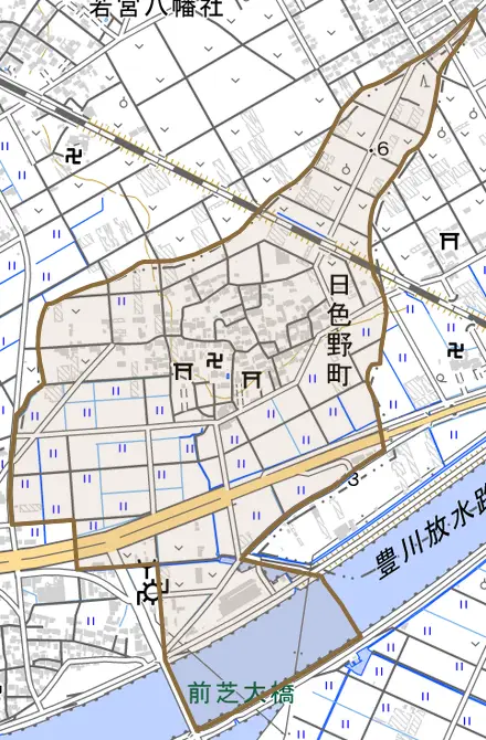 日色野町とその周辺の地図。町の範囲を重ねている