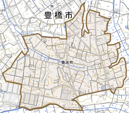豊栄町とその周辺の地図。町の範囲を重ねている