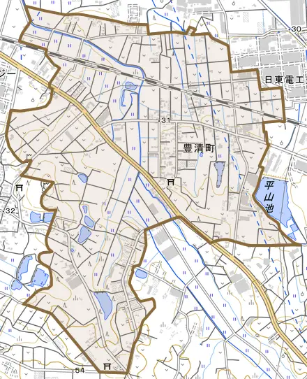 豊清町とその周辺の地図。町の範囲を重ねている