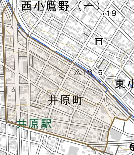 井原町とその周辺の地図。町の範囲を重ねている