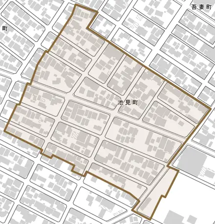 池見町とその周辺の地図。町の範囲を重ねている