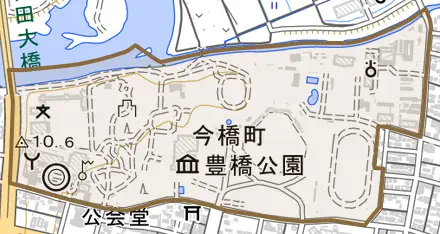 今橋町とその周辺の地図。町の範囲を重ねている