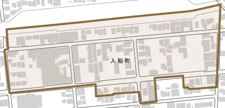 入船町とその周辺の地図。町の範囲を重ねている