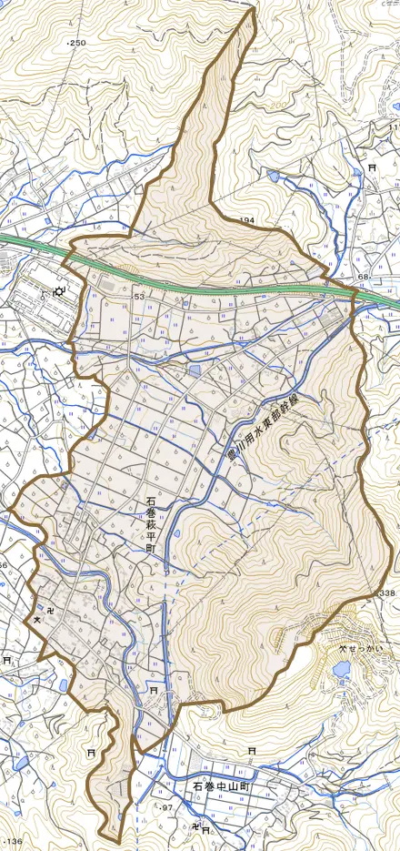 石巻萩平町とその周辺の地図。町の範囲を重ねている