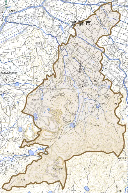 石巻平野町とその周辺の地図。町の範囲を重ねている