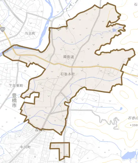 石巻本町とその周辺の地図。町の範囲を重ねている