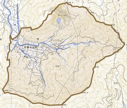 石巻中山町とその周辺の地図。町の範囲を重ねている