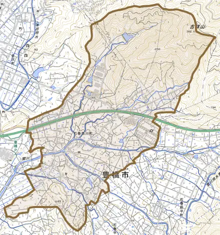 石巻西川町とその周辺の地図。町の範囲を重ねている