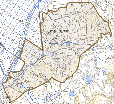 石巻小野田町とその周辺の地図。町の範囲を重ねている