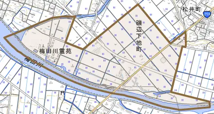 磯辺下地町とその周辺の地図。町の範囲を重ねている
