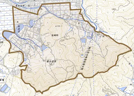 岩崎町とその周辺の地図。町の範囲を重ねている