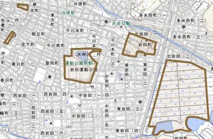 岩田町とその周辺の地図。町の範囲を重ねている