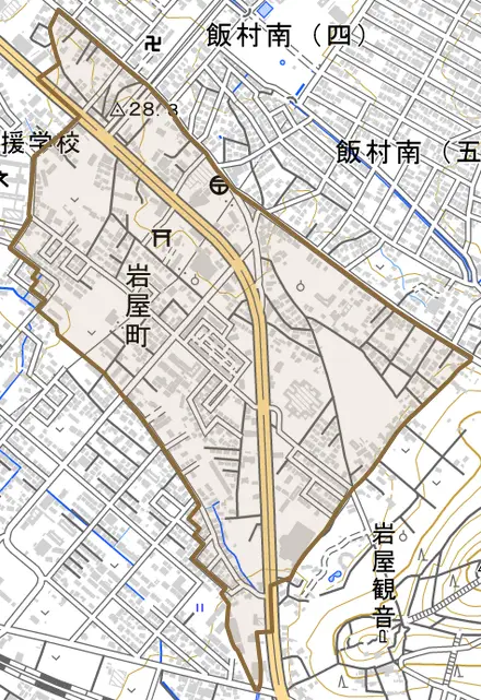 岩屋町とその周辺の地図。町の範囲を重ねている