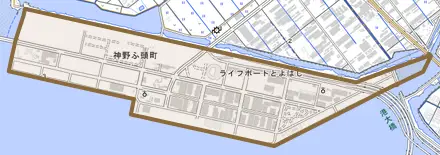 神野ふ頭町とその周辺の地図。町の範囲を重ねている