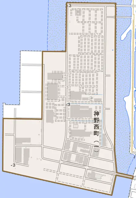 神野西町とその周辺の地図。町の範囲を重ねている
