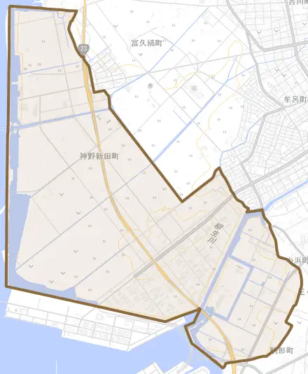 神野新田町とその周辺の地図。町の範囲を重ねている