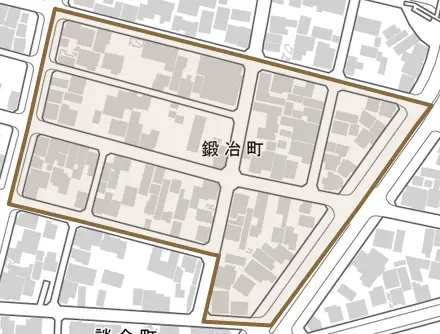鍛冶町とその周辺の地図。町の範囲を重ねている