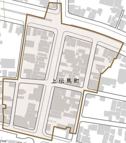 上伝馬町とその周辺の地図。町の範囲を重ねている