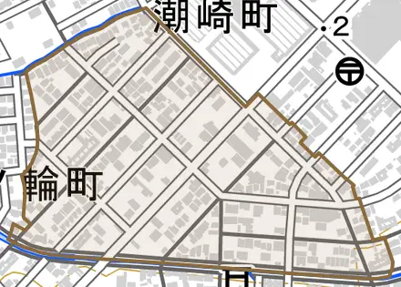 神ノ輪町とその周辺の地図。町の範囲を重ねている