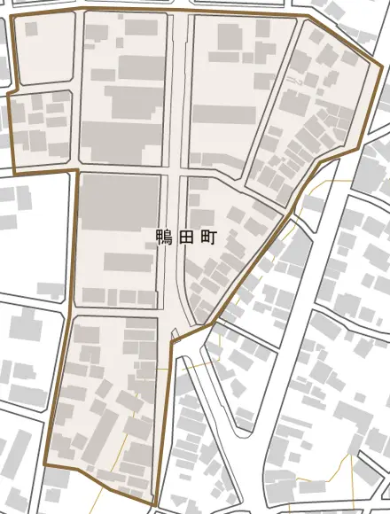 鴨田町とその周辺の地図。町の範囲を重ねている