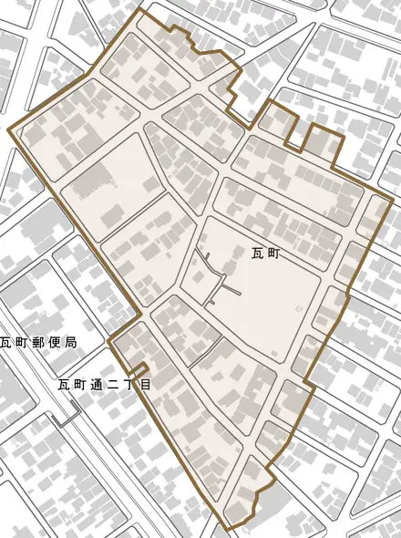 瓦町とその周辺の地図。町の範囲を重ねている