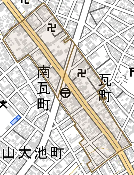 瓦町通とその周辺の地図。町の範囲を重ねている