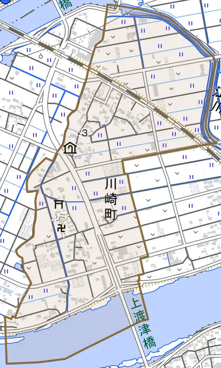 川崎町とその周辺の地図。町の範囲を重ねている