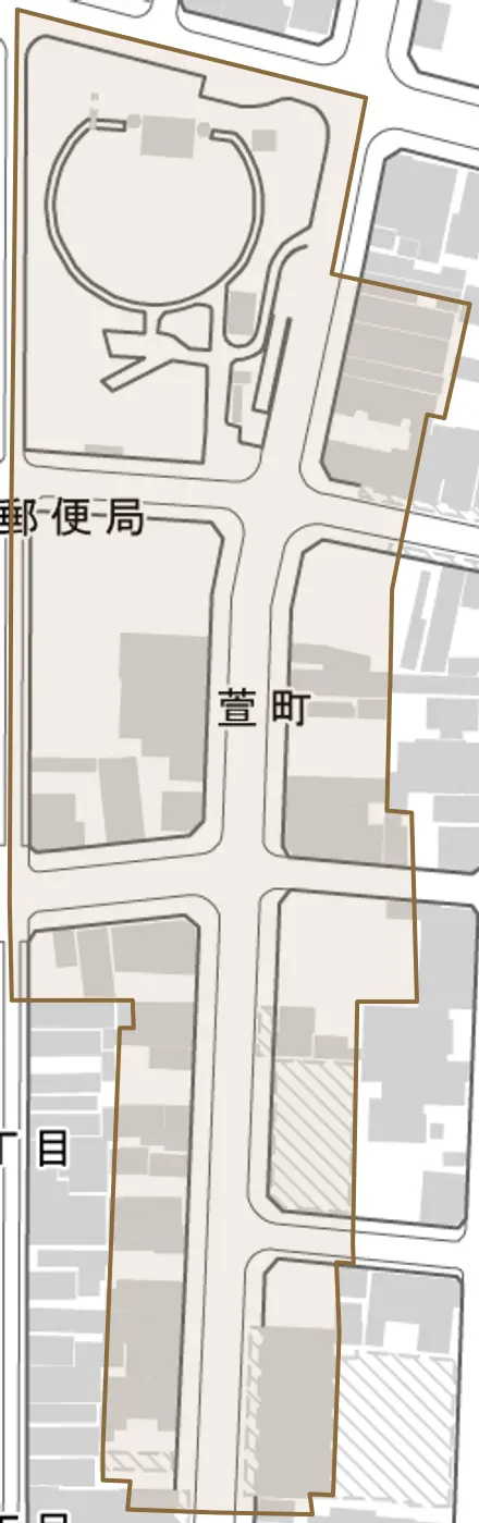 萱町とその周辺の地図。町の範囲を重ねている