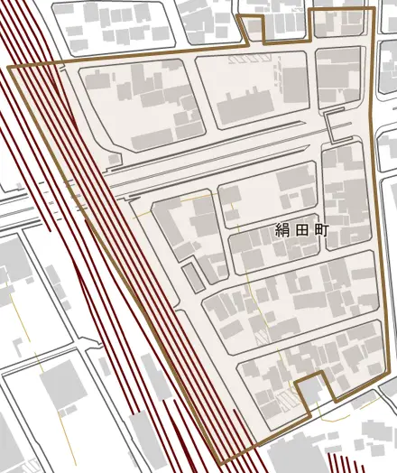 絹田町とその周辺の地図。町の範囲を重ねている