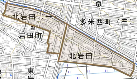 北岩田とその周辺の地図。町の範囲を重ねている