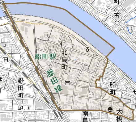 北島町とその周辺の地図。町の範囲を重ねている