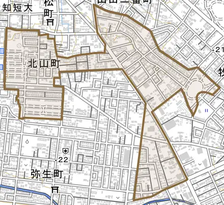 北山町とその周辺の地図。町の範囲を重ねている