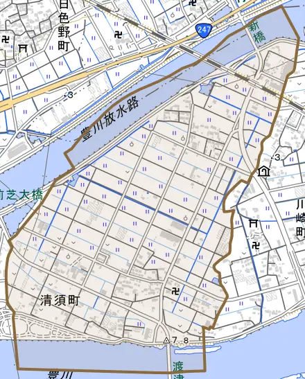清須町とその周辺の地図。町の範囲を重ねている