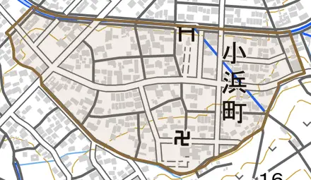 小浜町とその周辺の地図。町の範囲を重ねている