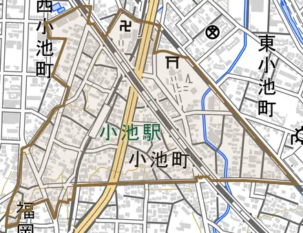 小池町とその周辺の地図。町の範囲を重ねている